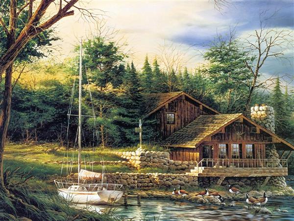 نقاشی خانه جنگلی کنار رودخانه