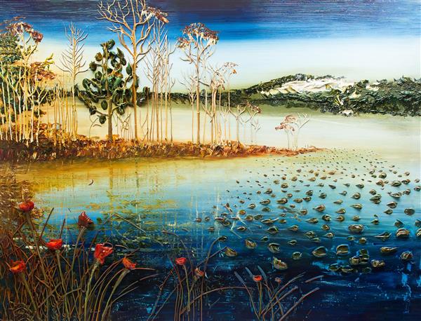 نقاشی رنگ روغن نقش برجسته منظره دریاچه