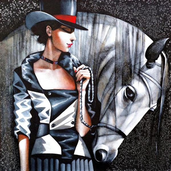 نقاشی زن و اسب سفید