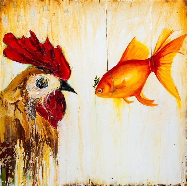 نقاشی رنگ روغن نقش برجسته خروس و ماهی