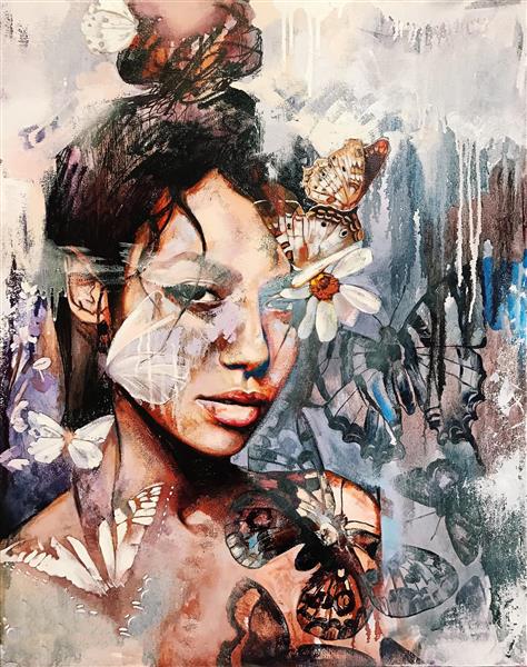 نقاشی رنگ روغن دختر و پروانه ها
