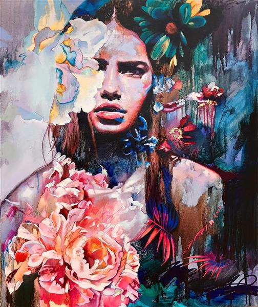 نقاشی رنگ روغن زن زیبا و گل های رنگی