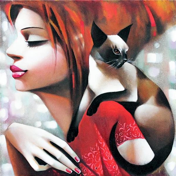 نقاشی زن زیبا و گربه