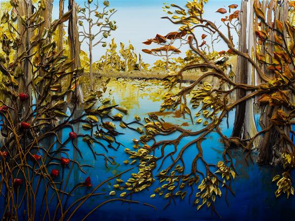 نقاشی رنگ روغن نقش برجسته دریاچه و درختان
