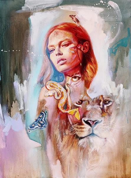 نقاشی رنگ روغن دختری با موش و پروانه