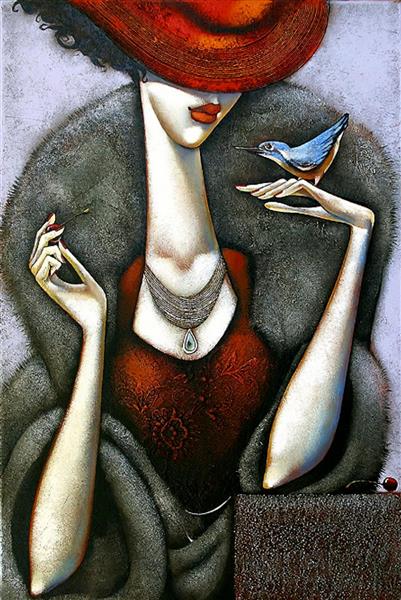 نقاشی پرنده و زنی با کلاه قرمز