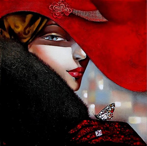 نقاشی پروانه زیبا و زنی با کلاه قرمز