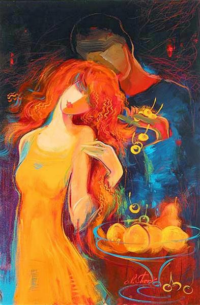 زوج جوان و میوه نقاشی رنگارنگ انتزاعی