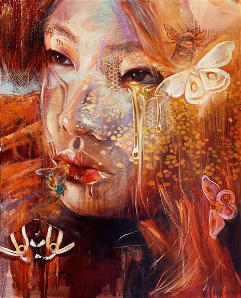 نقاشی رنگ روغن دختر آسیایی و پروانه های زیبا