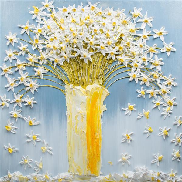 نقاشی رنگ روغن نقش برجسته شکوفه های سفید