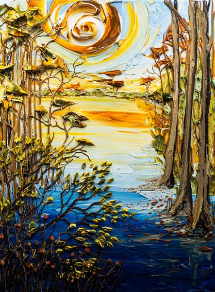 نقاشی رنگ روغن نقش برجسته منظره رودخانه