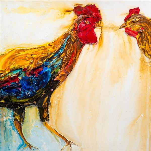 نقاشی رنگ روغن نقش برجسته مرغ و خروس