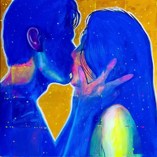 بوسه عاشقانه زوج جوان نقاشی