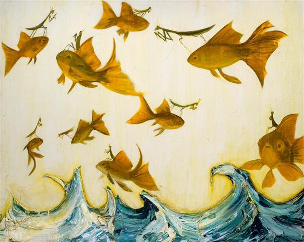 نقاشی رنگ روغن نقش برجسته پرواز ماهی ها بر فراز دریا