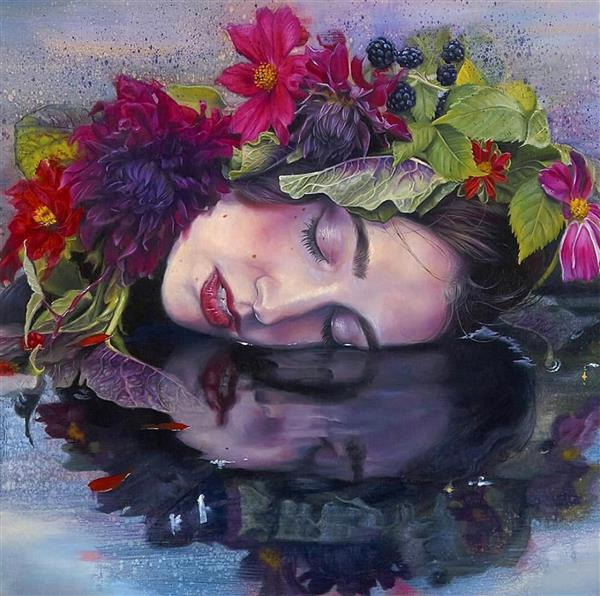 نقاشی زن زیبا خوابیده در میان گل ها