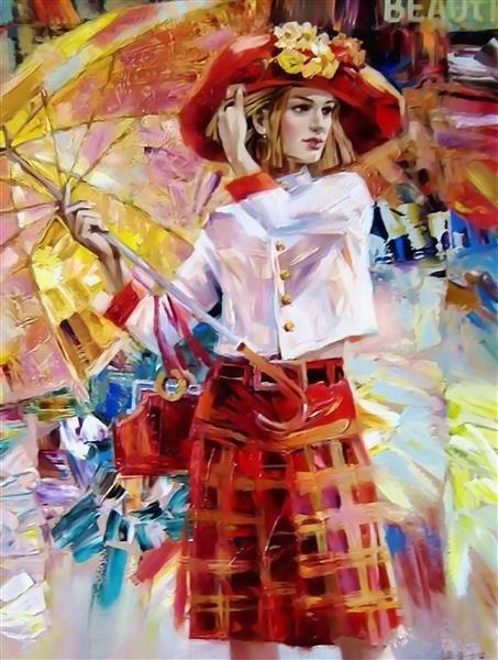 زن زیبا با چتر در لباس قرمز