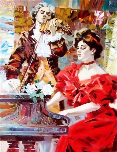 نقاشی رنگ روغن پیانو و ویولن زوج موزیسین