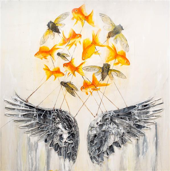 نقاشی رنگ روغن نقش برجسته ماهی و بال زنبور