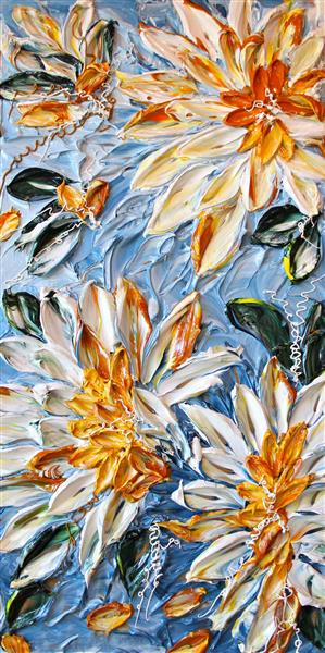 نقاشی رنگ روغن گل های سفید برجسته روی پس زمینه آبی