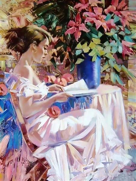 نقاشی رنگ روغن دختر و گلدان گل بزرگ