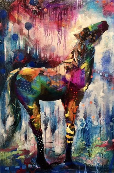 نقاشی رنگ روغن رنگارنگ اسب