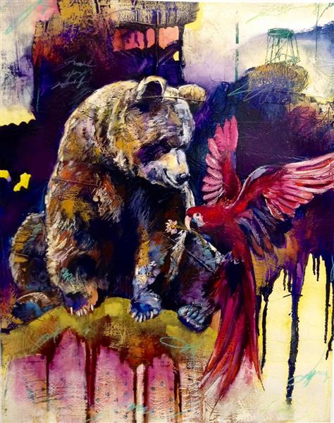 نقاشی رنگ روغن خرس و طوطی