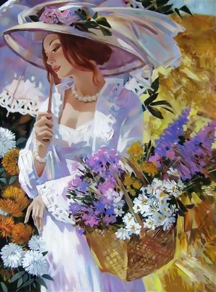 نقاشی رنگ روغن زن زیبا با لباس سفید و سبد گل