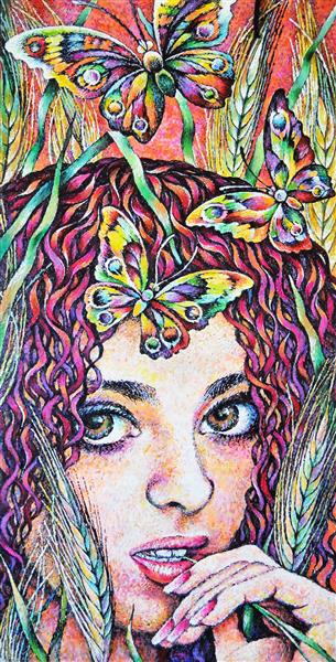 دختر زیبا و پروانه های رنگارنگ