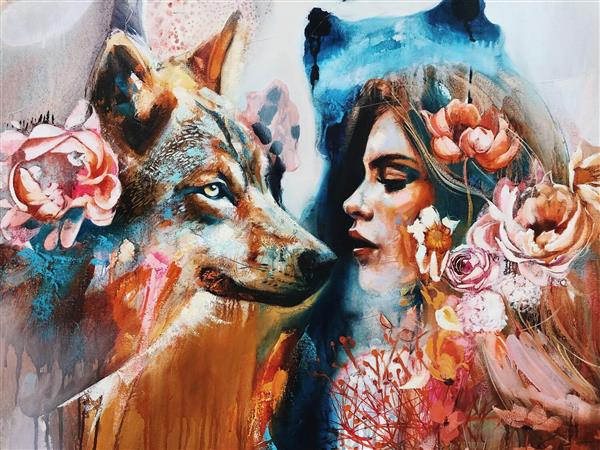 نقاشی رنگ روغن دختر جوان با گل و گرگ