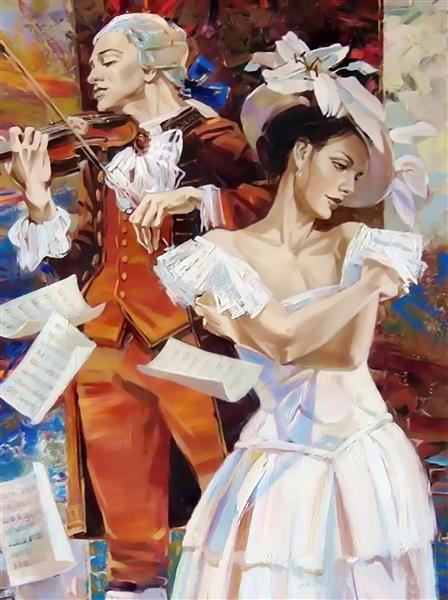 نقاشی رنگ روغن زوج رقصنده و نوازنده موسیقی