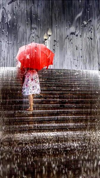 دختری با چتر قرمز زیر باران