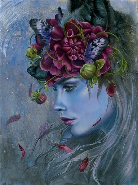 نقاشی زنی با چهره آبی و تاج گل