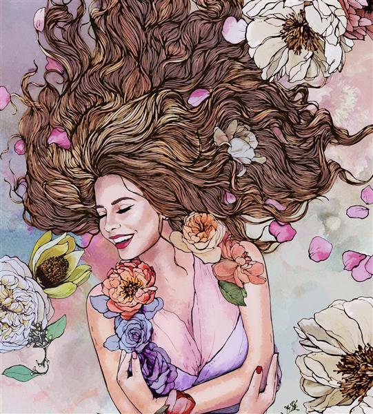 زن شاد زیبا در میان گل ها