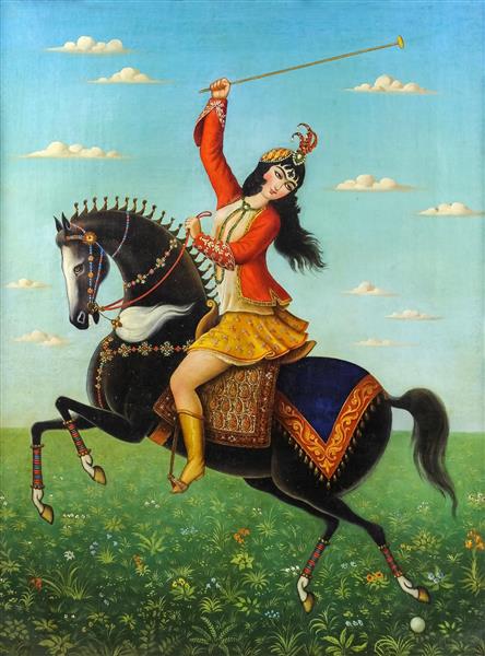 نقاشی دختر چوگان باز سوار بر اسب