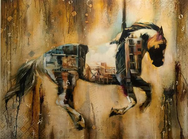 نقاشی رنگ روغن اسب و شهر