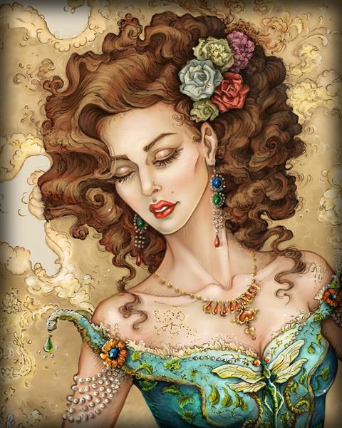 پرتره یک دختر زیبا با گل و جواهرات