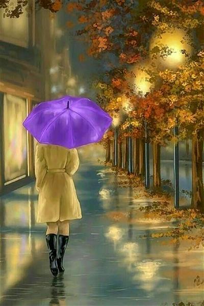 دختری با چتر بنفش در روز بارانی