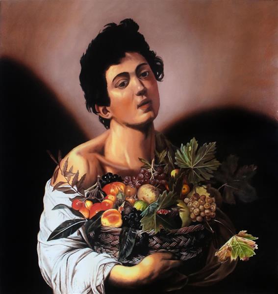 نقاشی پسر با سبد میوه