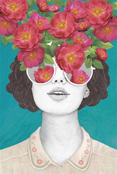 گل های قرمز و دختری با عینک آفتابی