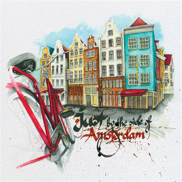 نقاشی آبرنگ منظره آمستردام و دوچرخه قرمز