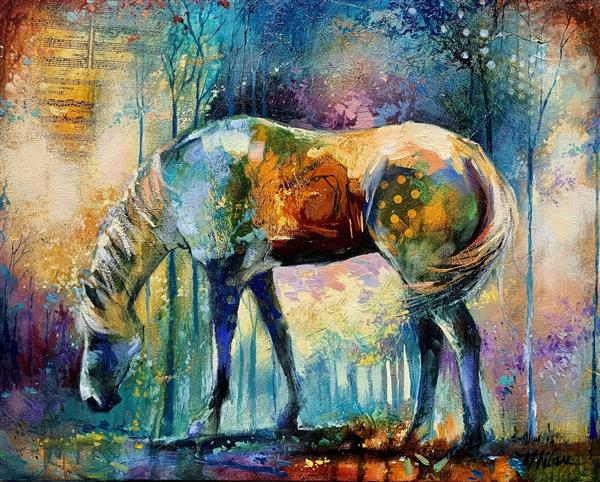 نقاشی رنگ روغن اسب و درخت