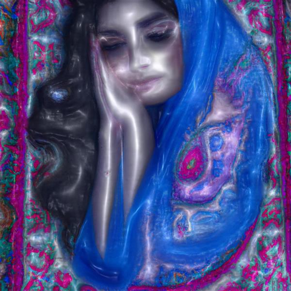 دختر زیبا بر فرش در پوشش شیشه‌ای به رنگ آبی
