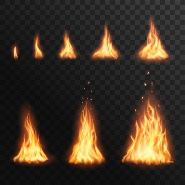 شعله ور شدن مراحل آتش افکت شعله آتش کمپ برای انیمیشن شعله مشعل سه بعدی واقعی عناصر شعله ور درخشان نارنجی و زرد آتش سوزی در پس زمینه شفاف