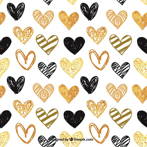 الگوی قلب های طلایی و مشکی با دست نقاشی شده