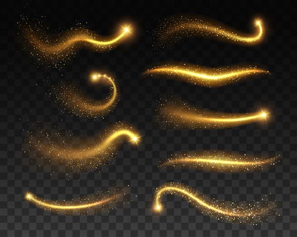 ستاره هایی با درخشش های طلایی درخشان جلوه های نور در پس زمینه شفاف جرقه های درخشان درخشان ستاره های طلایی با امواجی از دنباله غبار درخشان کریسمس جادو یا تم های فضایی