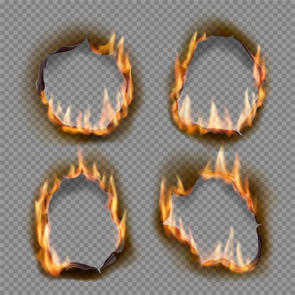 سوزاندن سوراخ ها سوزاندن آتش کاغذ با اشیاء لبه های ذغالی واقعی شعله روی ورق سوراخ های انتزاعی در شعله های آتش سوزانده شده حاشیه های پاره شده و قاب های پاره شده در پس زمینه شفاف