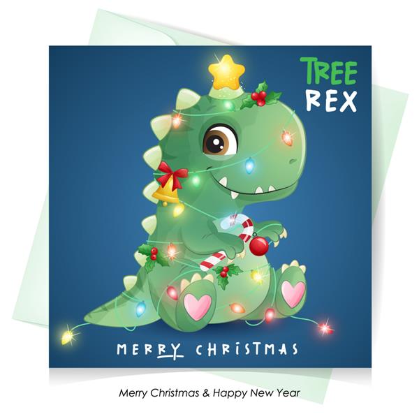 دایناسور ابله زیبا برای روز کریسمس با تصویر آبرنگ