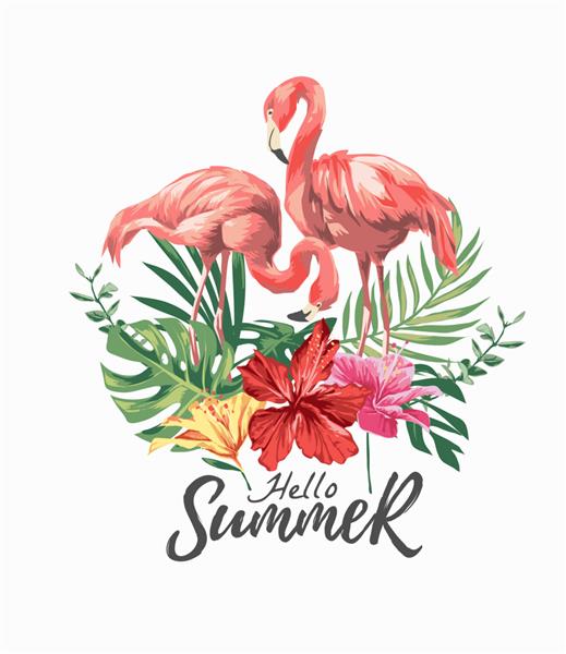 شعار سلام تابستان با تصویر زوج فلامینگو و گل هیبیسکوس