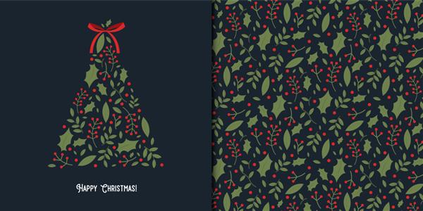 کارت تبریک با درخت کریسمس و الگوی بدون درز