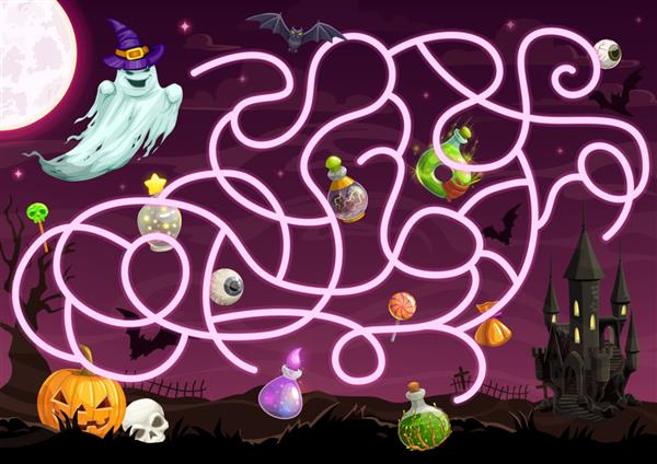 بازی پیچ و خم هالووین با الگوی هزارتوی طراحی پازل آموزش کودکان